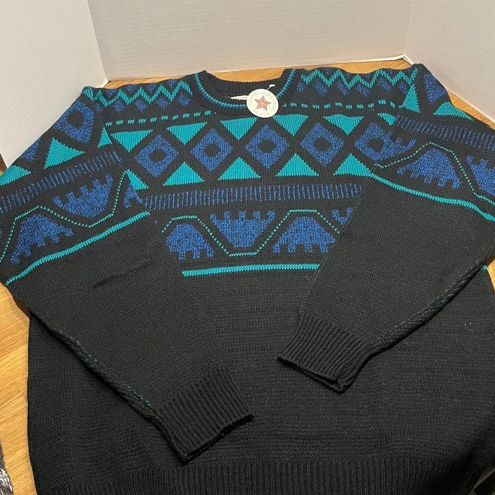 Vintage 80’s Campus Black & Green/Blue Geometric Print Crewneck Sweater Men’s XL